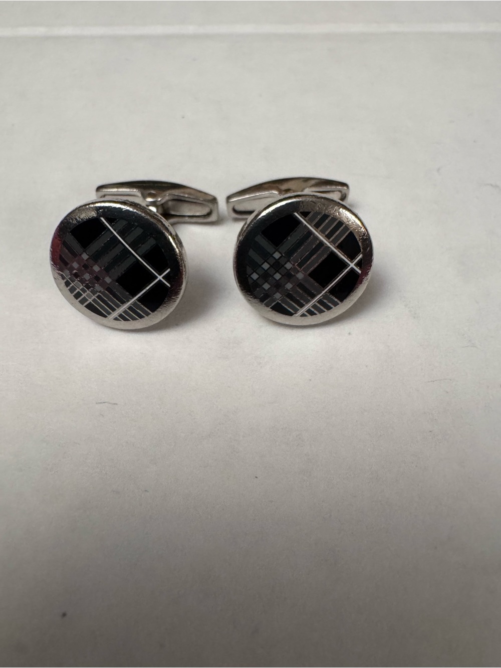 Authentic Vintage Burberry Round Nova Check Enamel Cufflinks - Silver-Tone